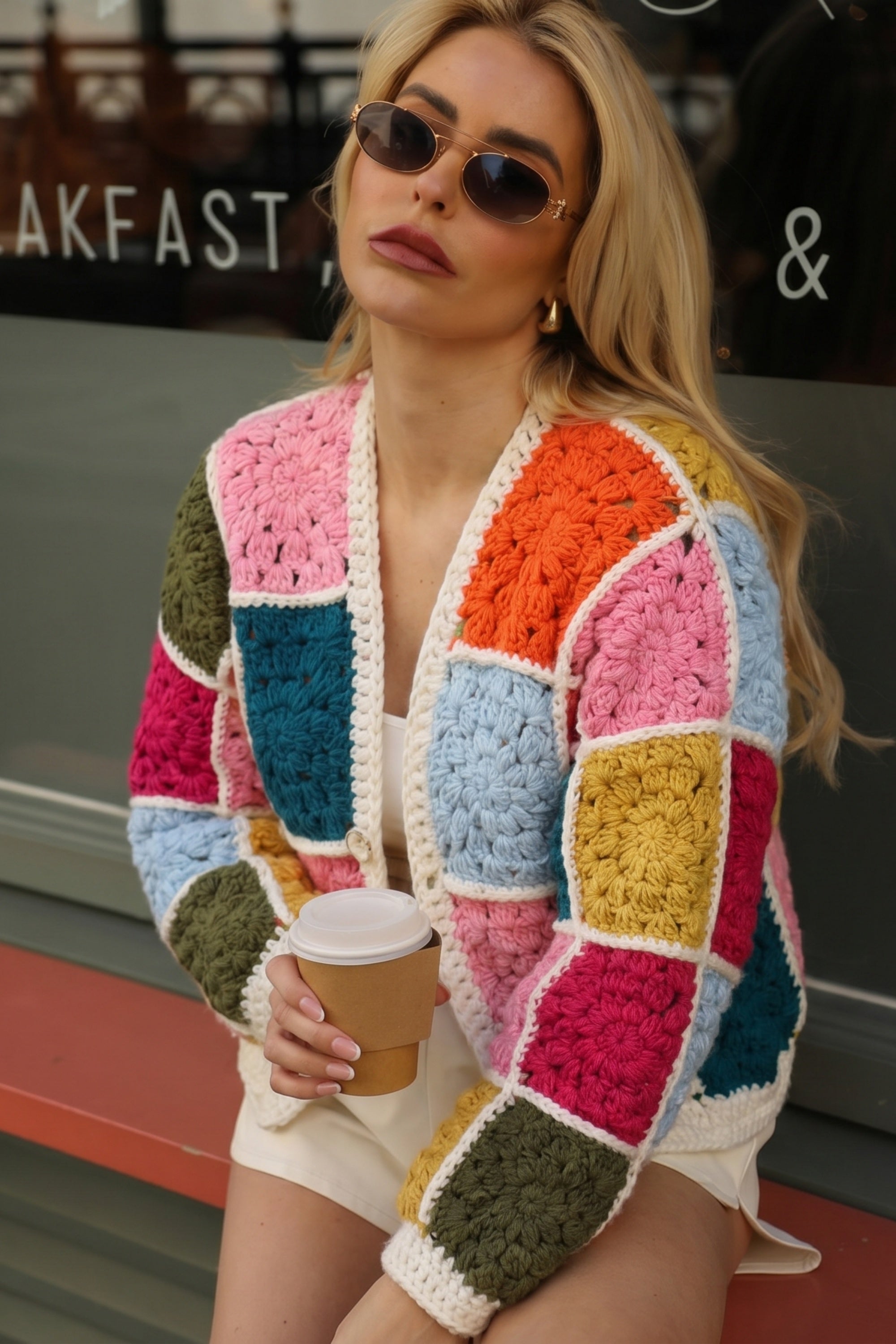 Artisan Hand Knit Patchwork Cardigan in Multi Colour