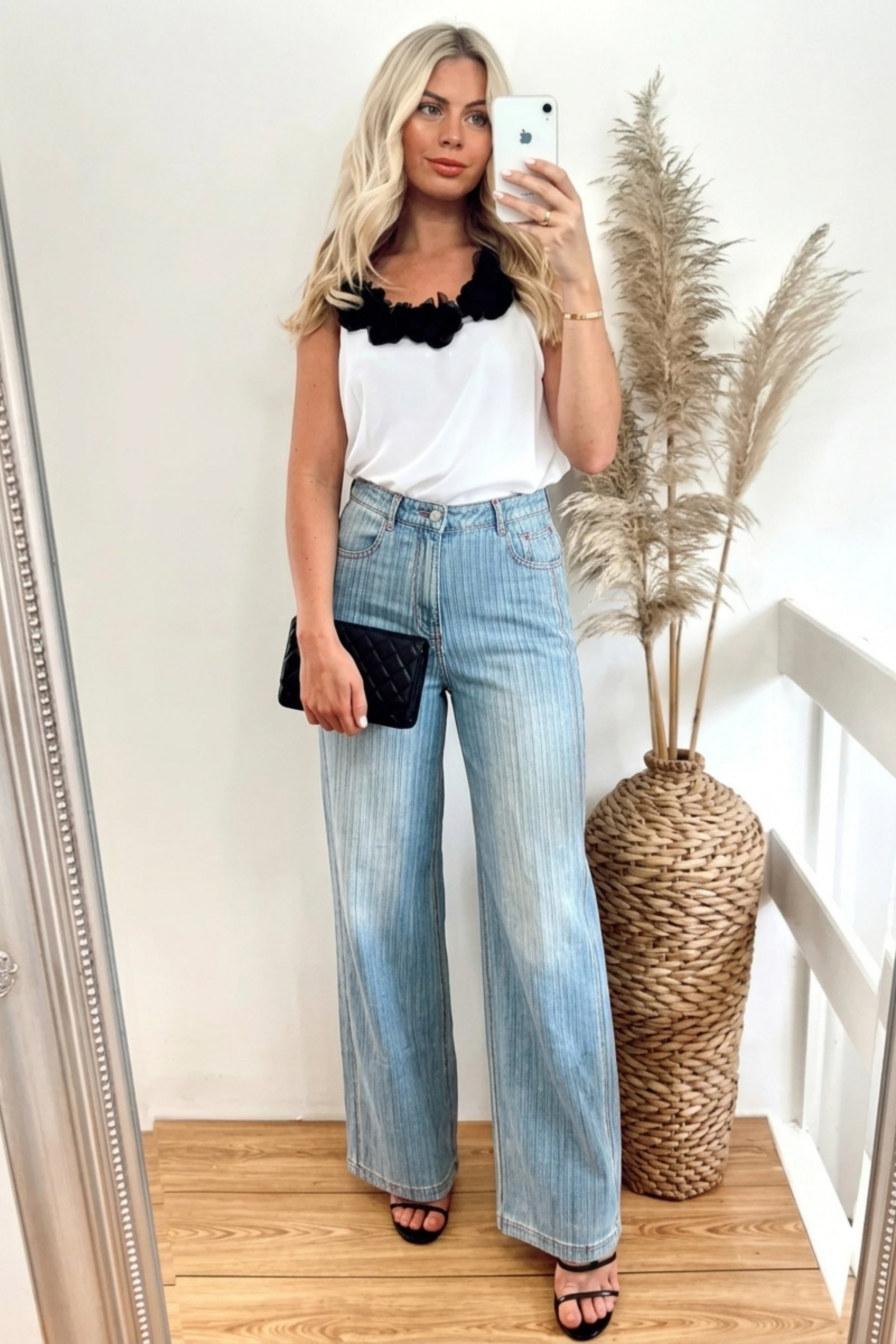 Denim Print Pleated Wide Leg Trousers