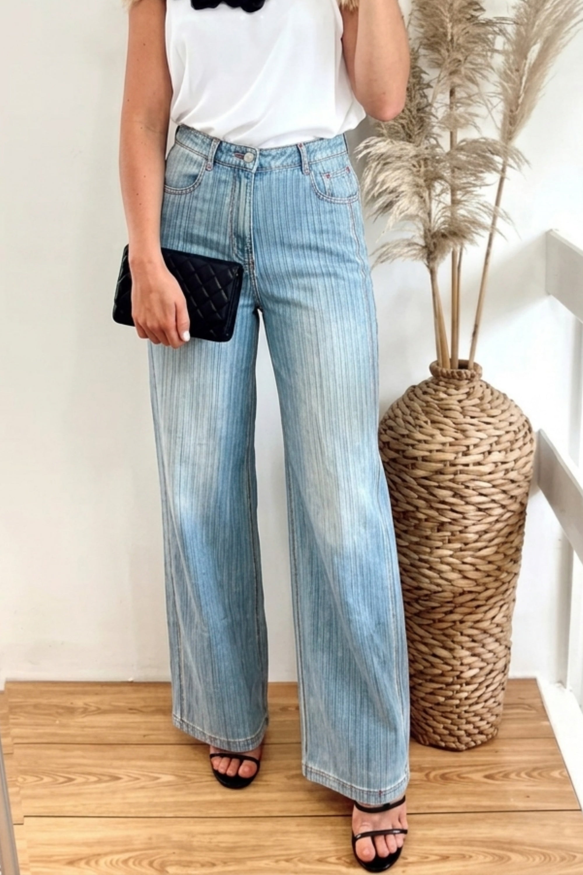 Denim Print Pleated Wide Leg Trousers