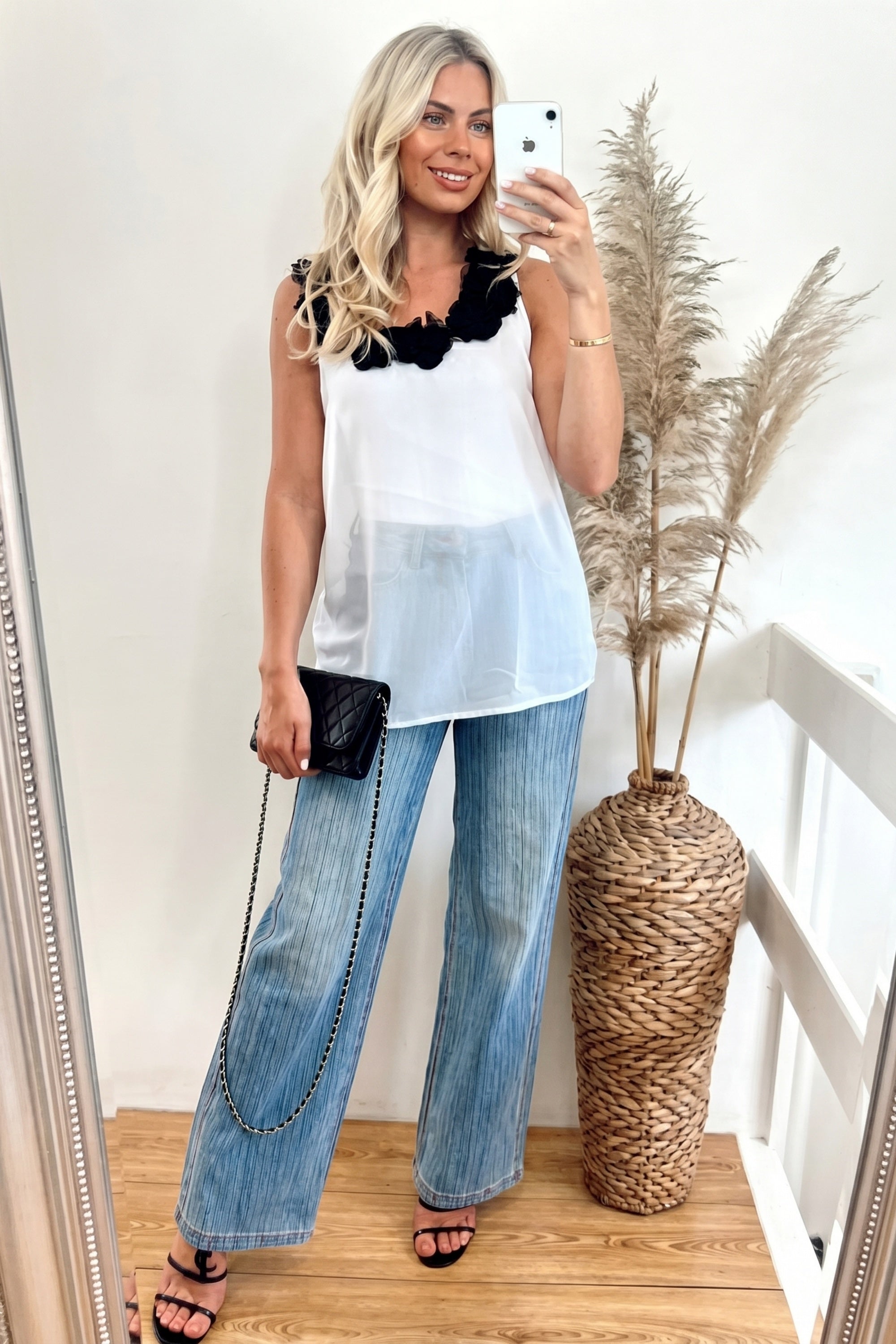 Denim Print Pleated Wide Leg Trousers