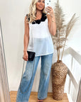 Denim Print Pleated Wide Leg Trousers