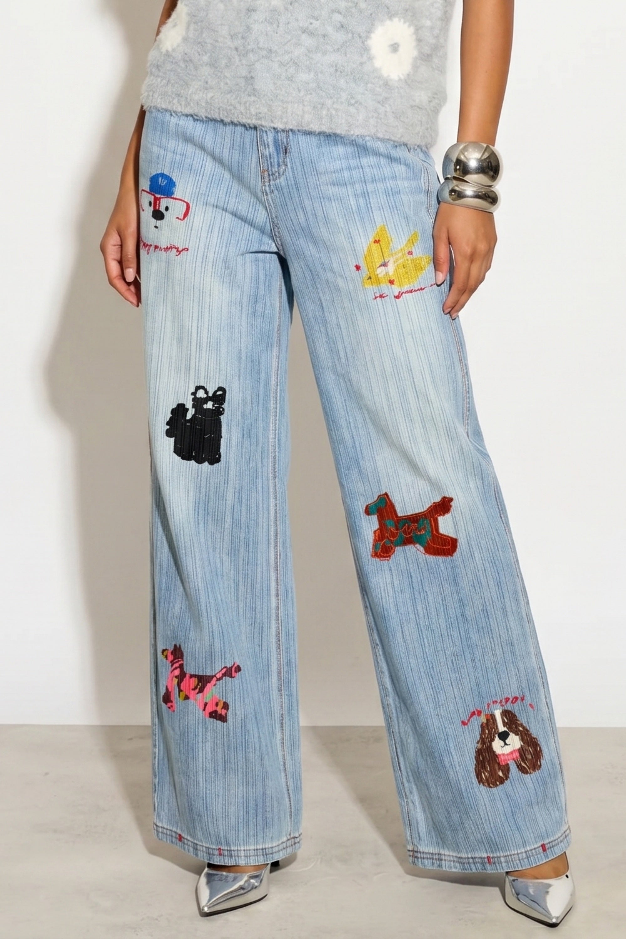 Denim Print Animal Graffiti Pleated Wide Leg Trousers