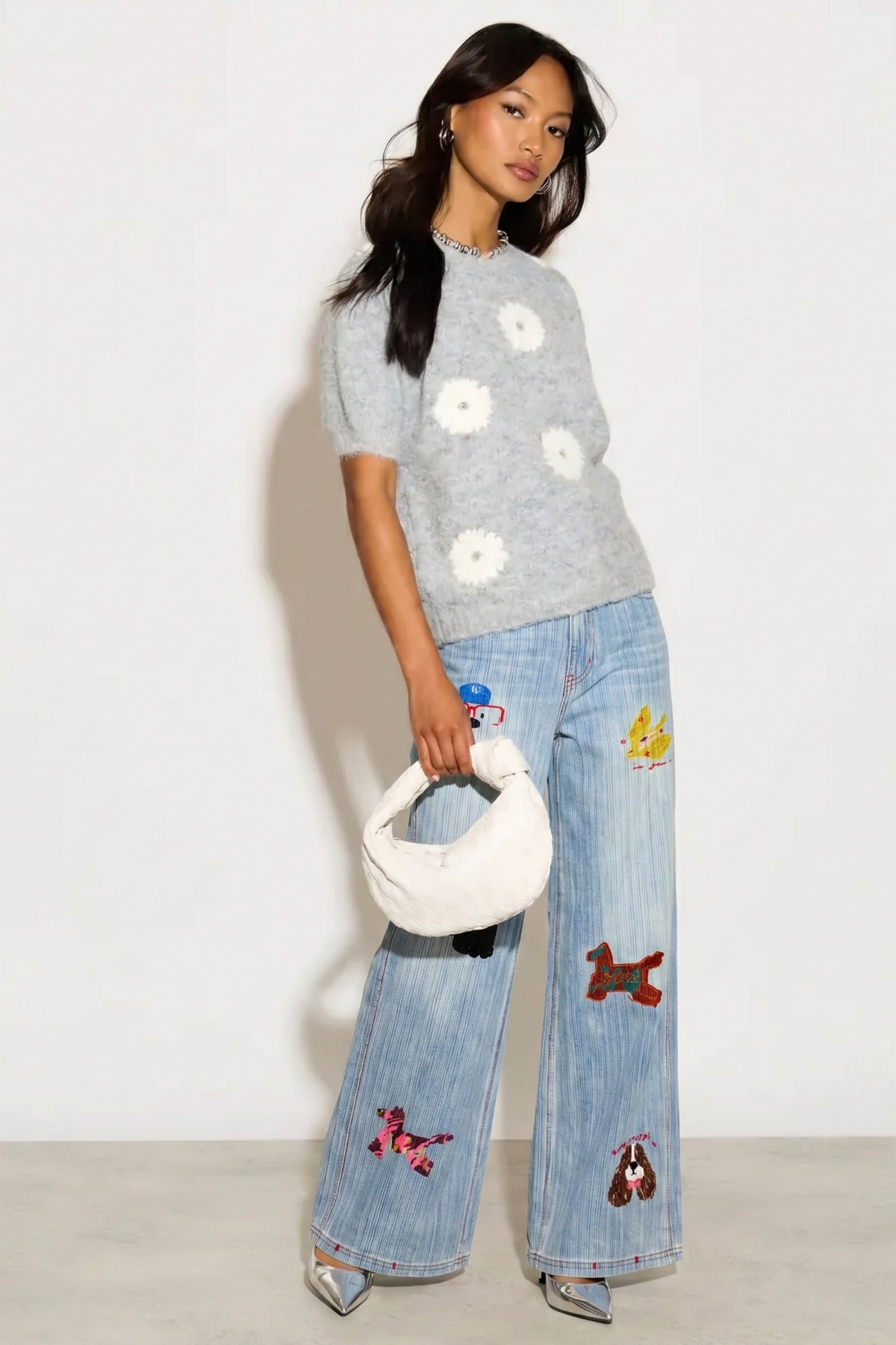Denim Print Animal Graffiti Pleated Wide Leg Trousers