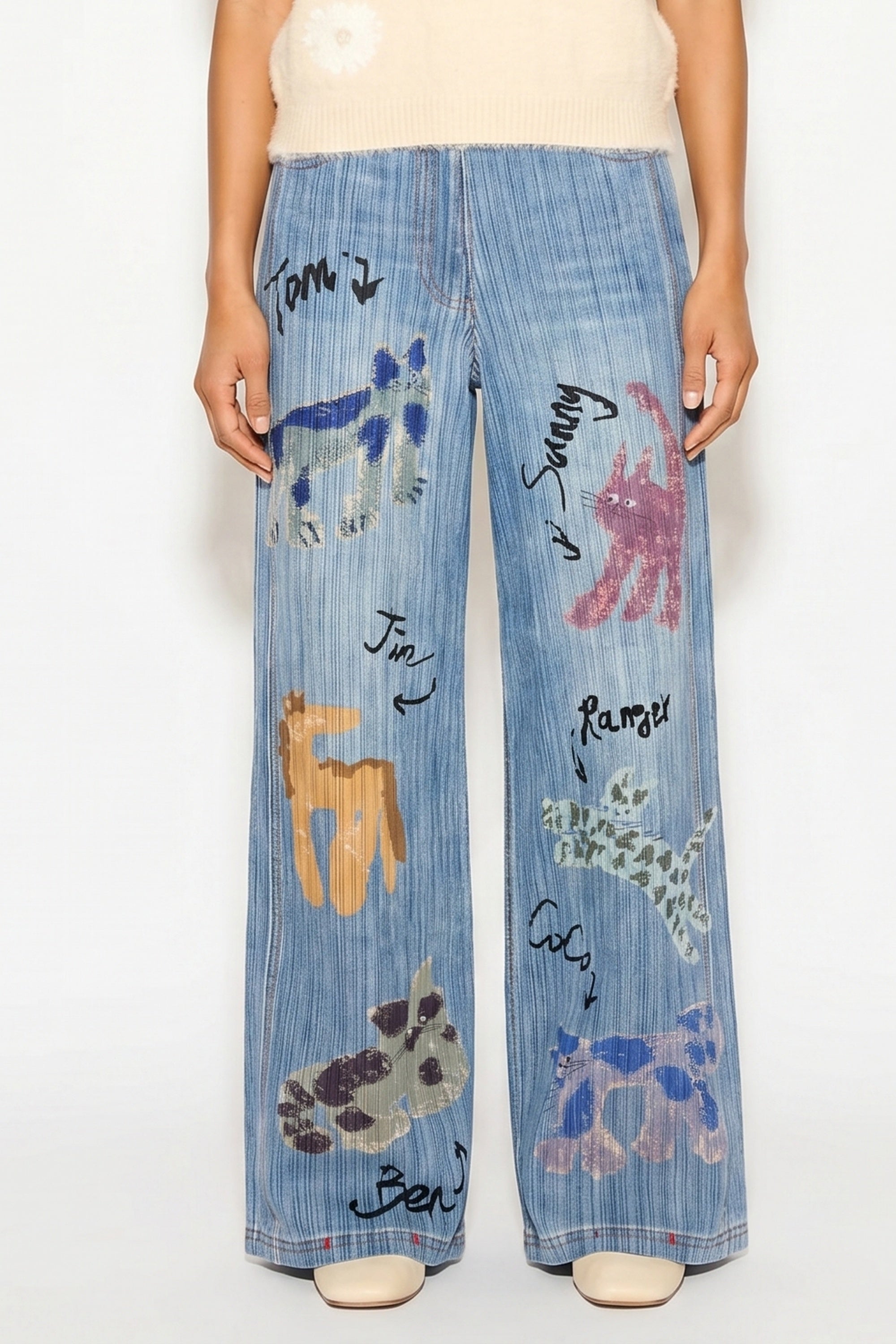 Denim Print Animal Graffiti Pleated Wide Leg Trousers