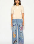 Denim Print Animal Graffiti Pleated Wide Leg Trousers