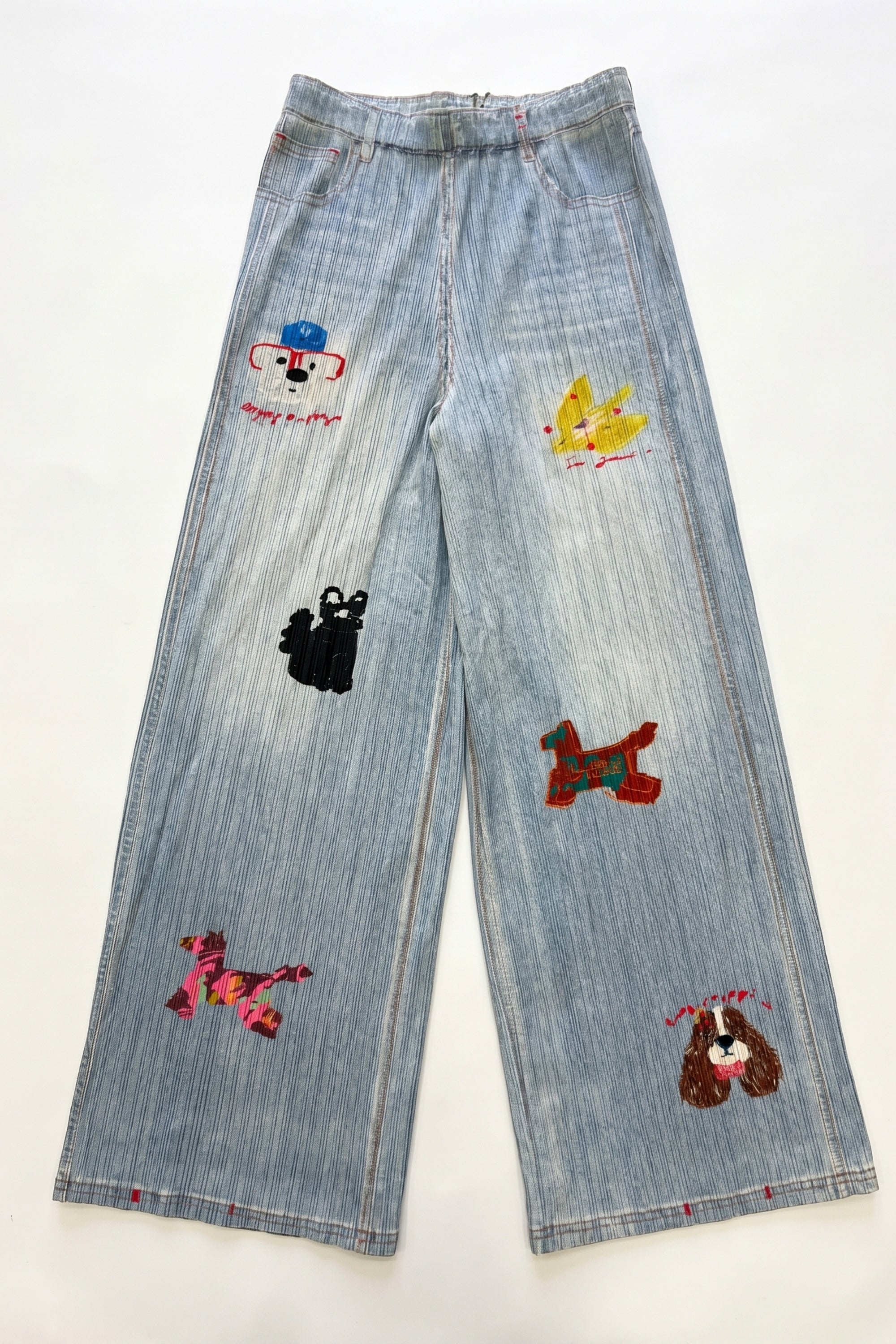 Denim Print Animal Graffiti Pleated Wide Leg Trousers