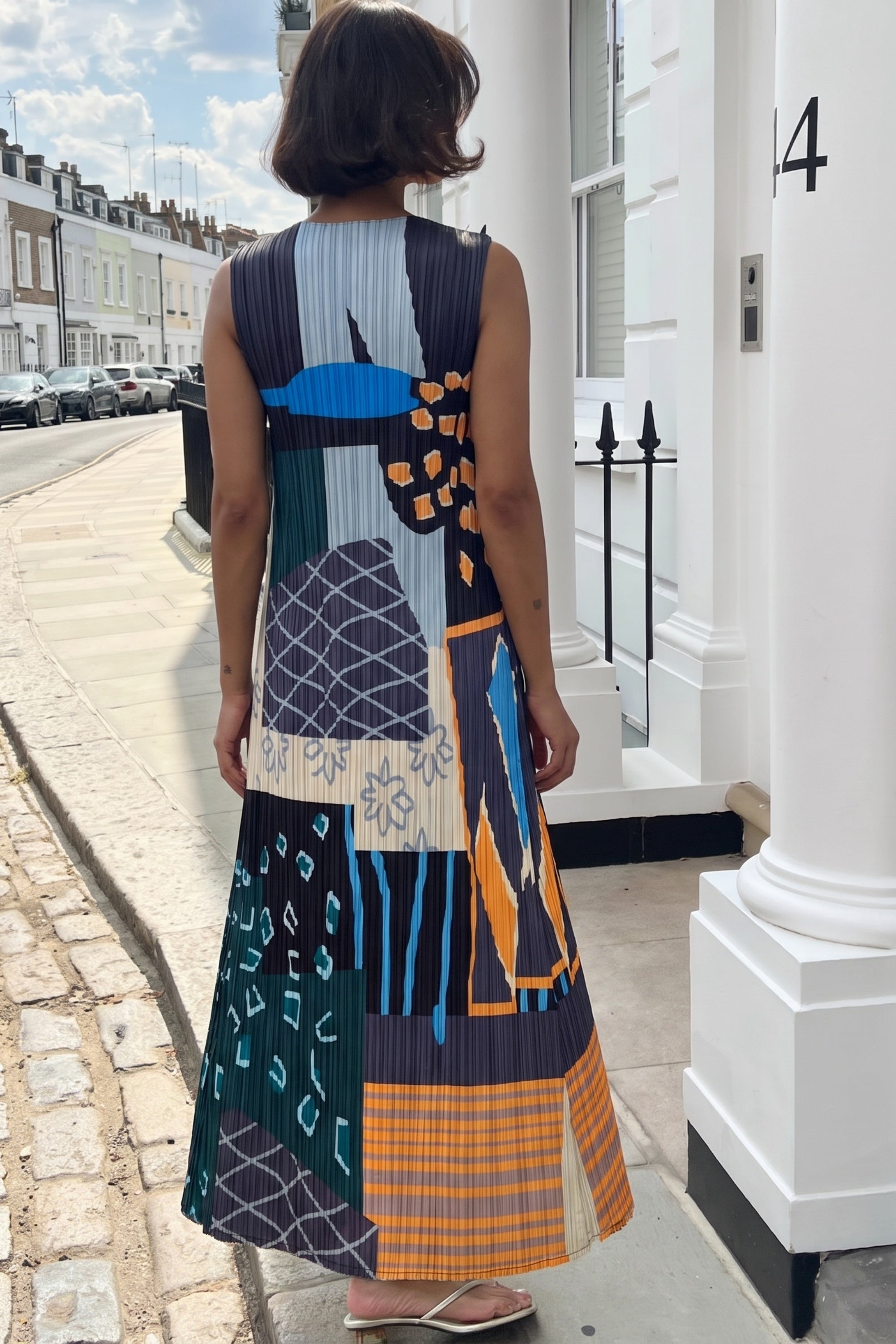 Abstract Print Sleeveless Pleated Maxi Dress