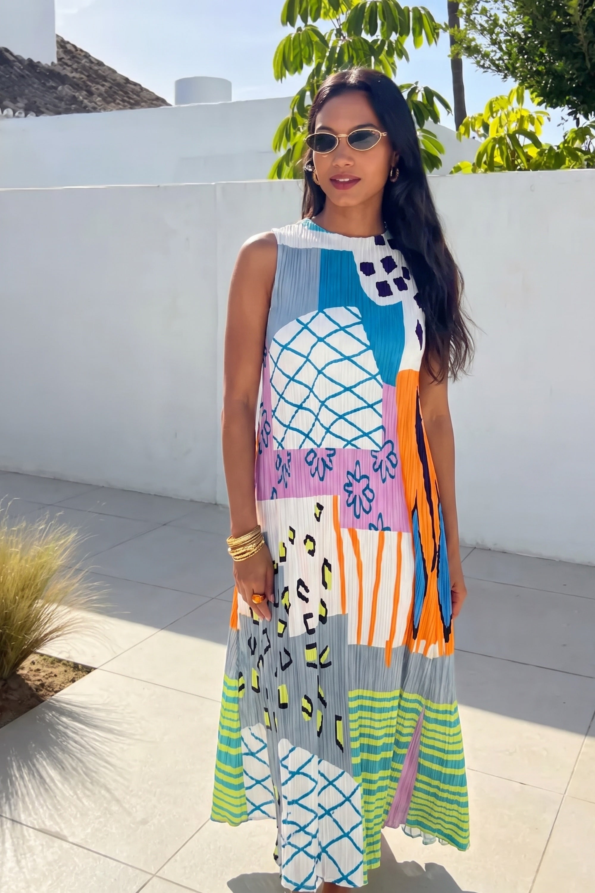 Abstract Print Sleeveless Pleated Maxi Dress
