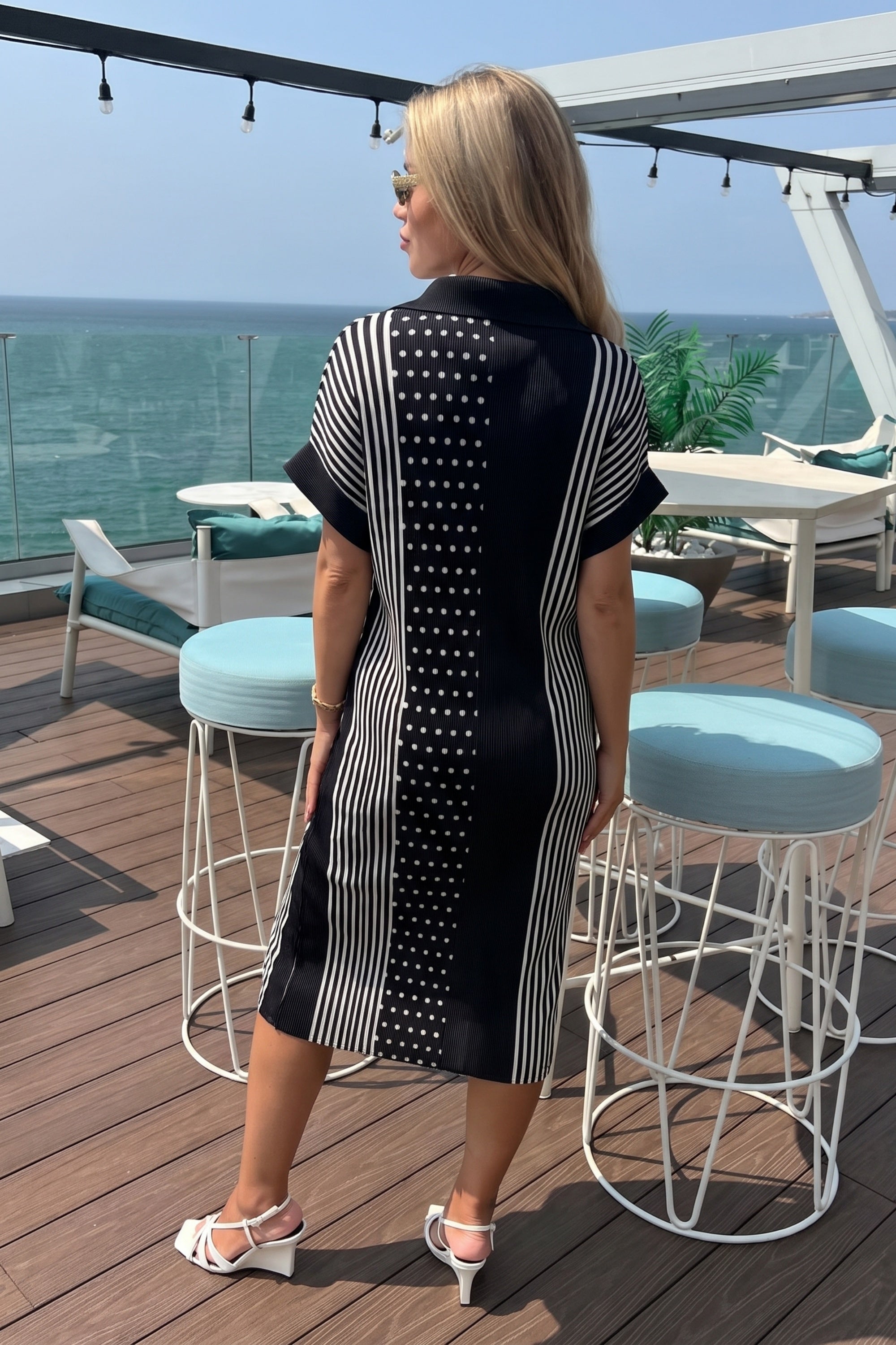 Monochrome Stripe &amp; Polka Dot Pleated Shirt Midi Dress