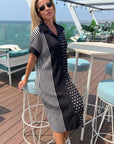 Monochrome Stripe & Polka Dot Pleated Shirt Midi Dress