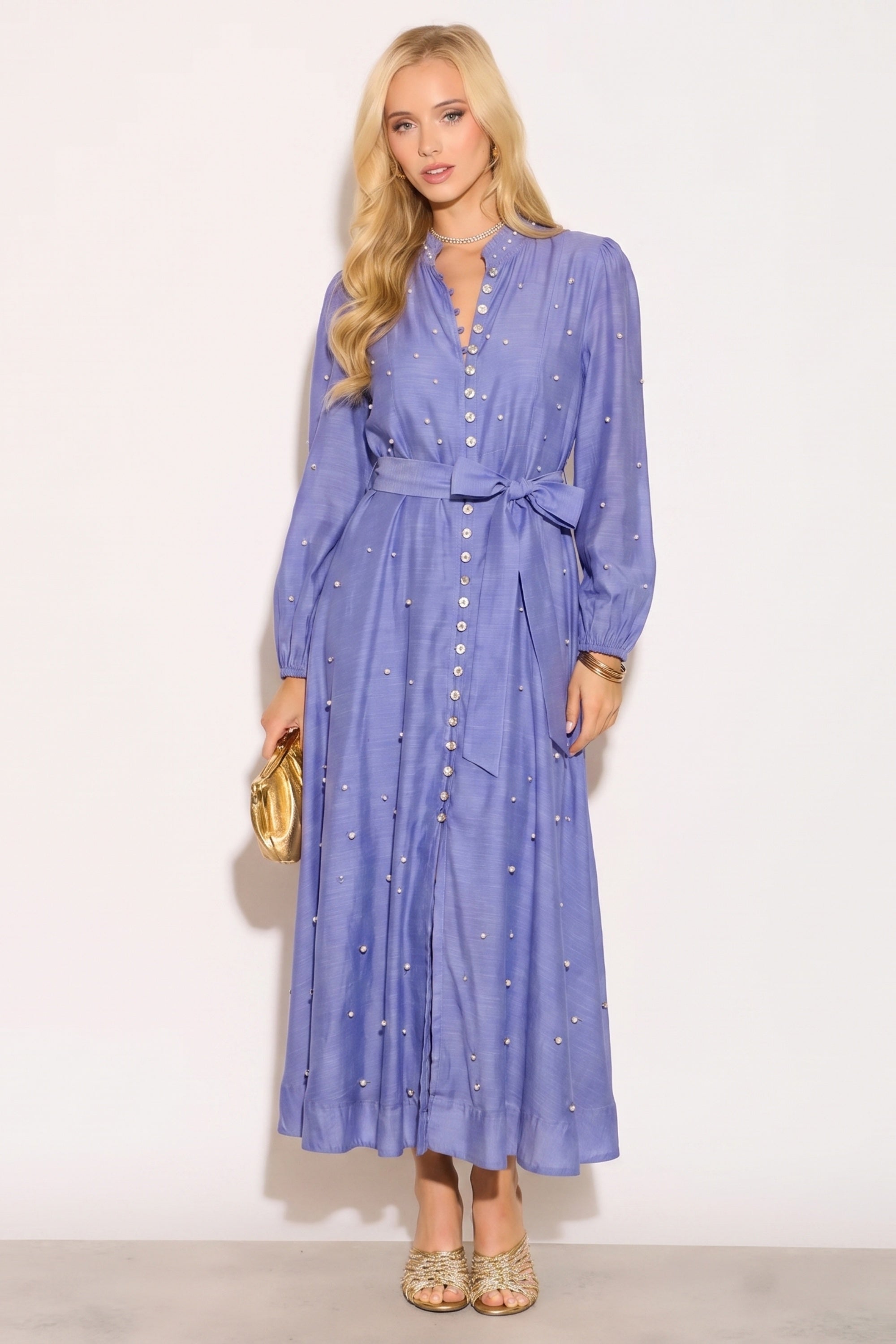 Embellished Button Front Maxi Shirt Dress with Tie Belt