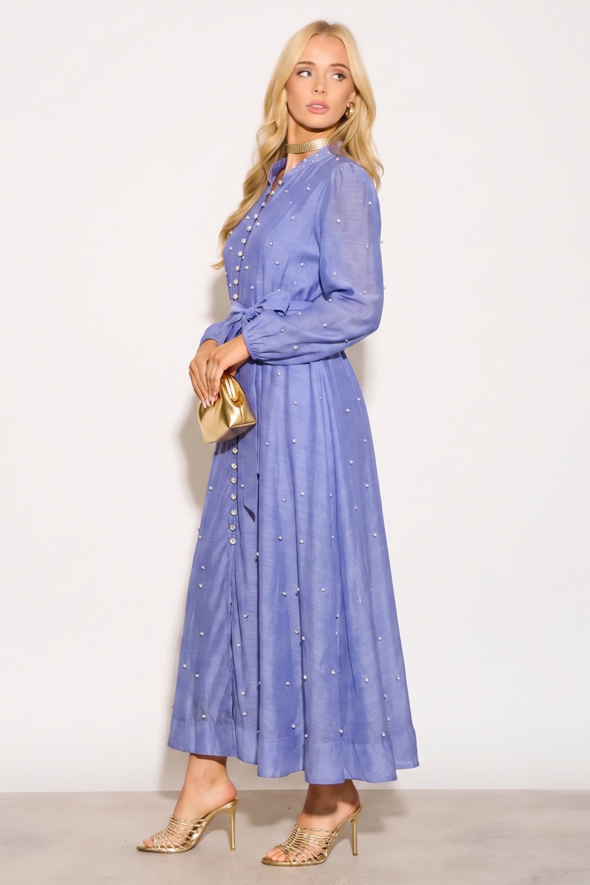 Embellished Button Front Maxi Shirt Dress with Tie Belt