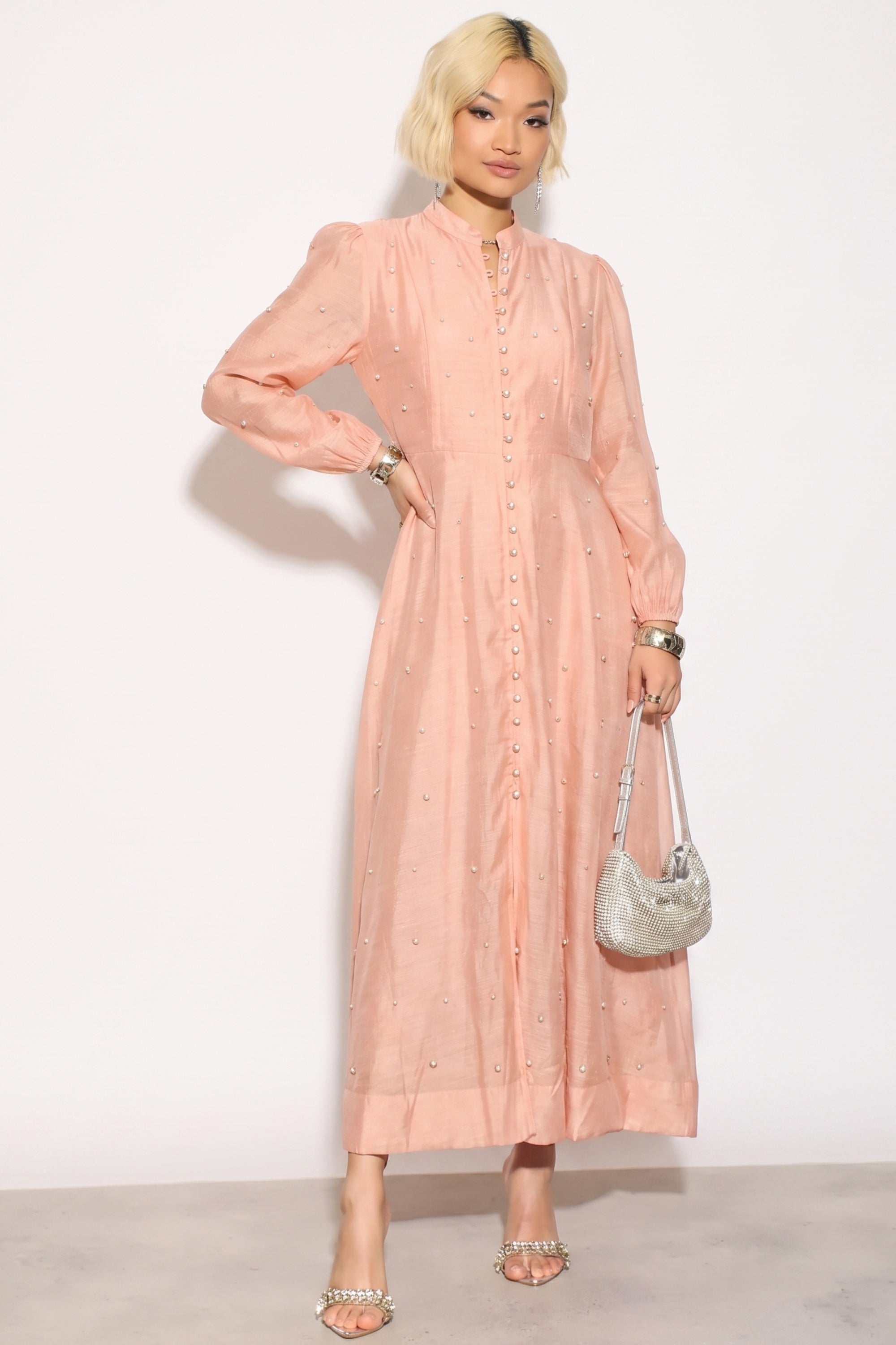 Embellished Button Front Maxi Shirt Dress with Tie Belt