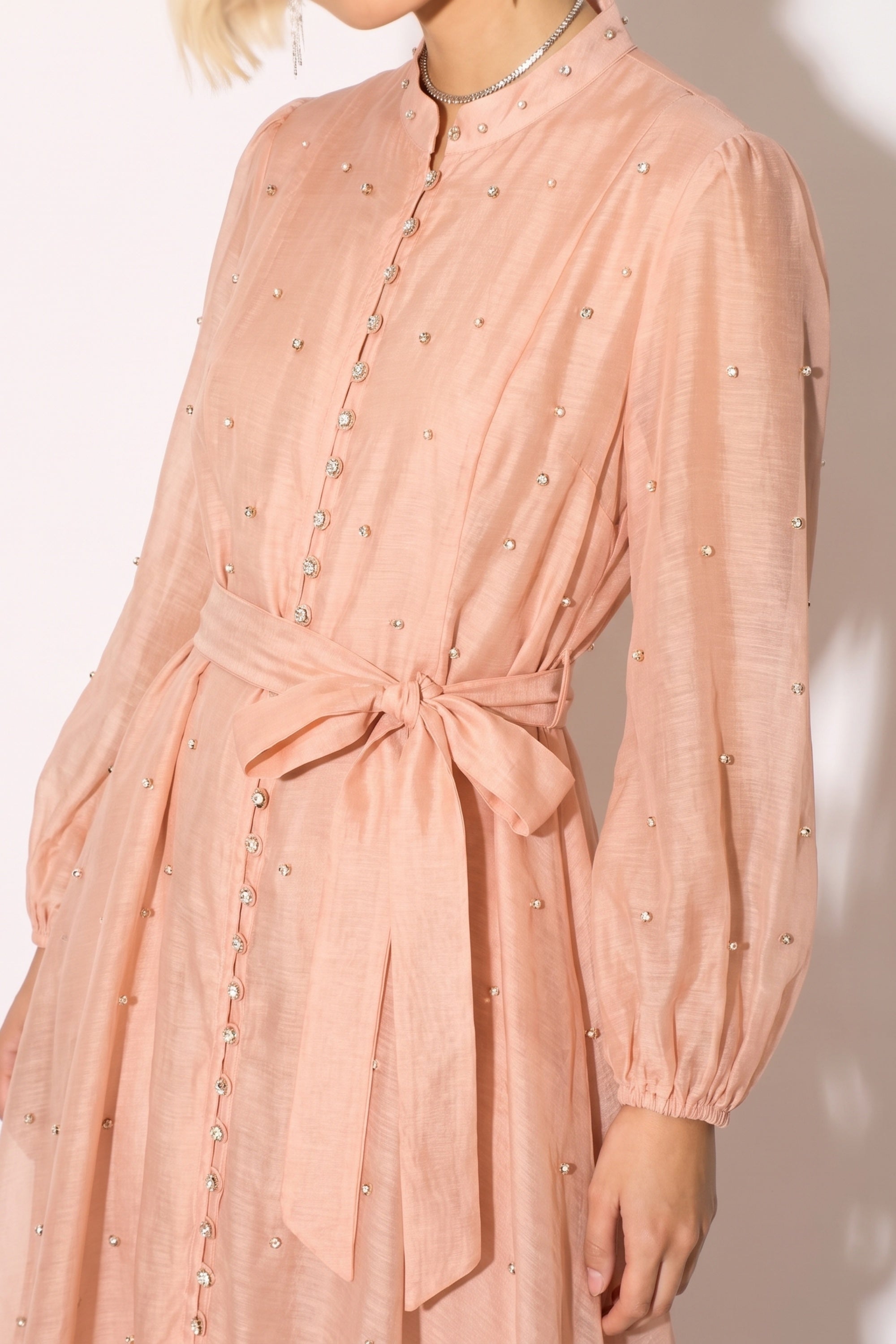 Embellished Button Front Maxi Shirt Dress with Tie Belt