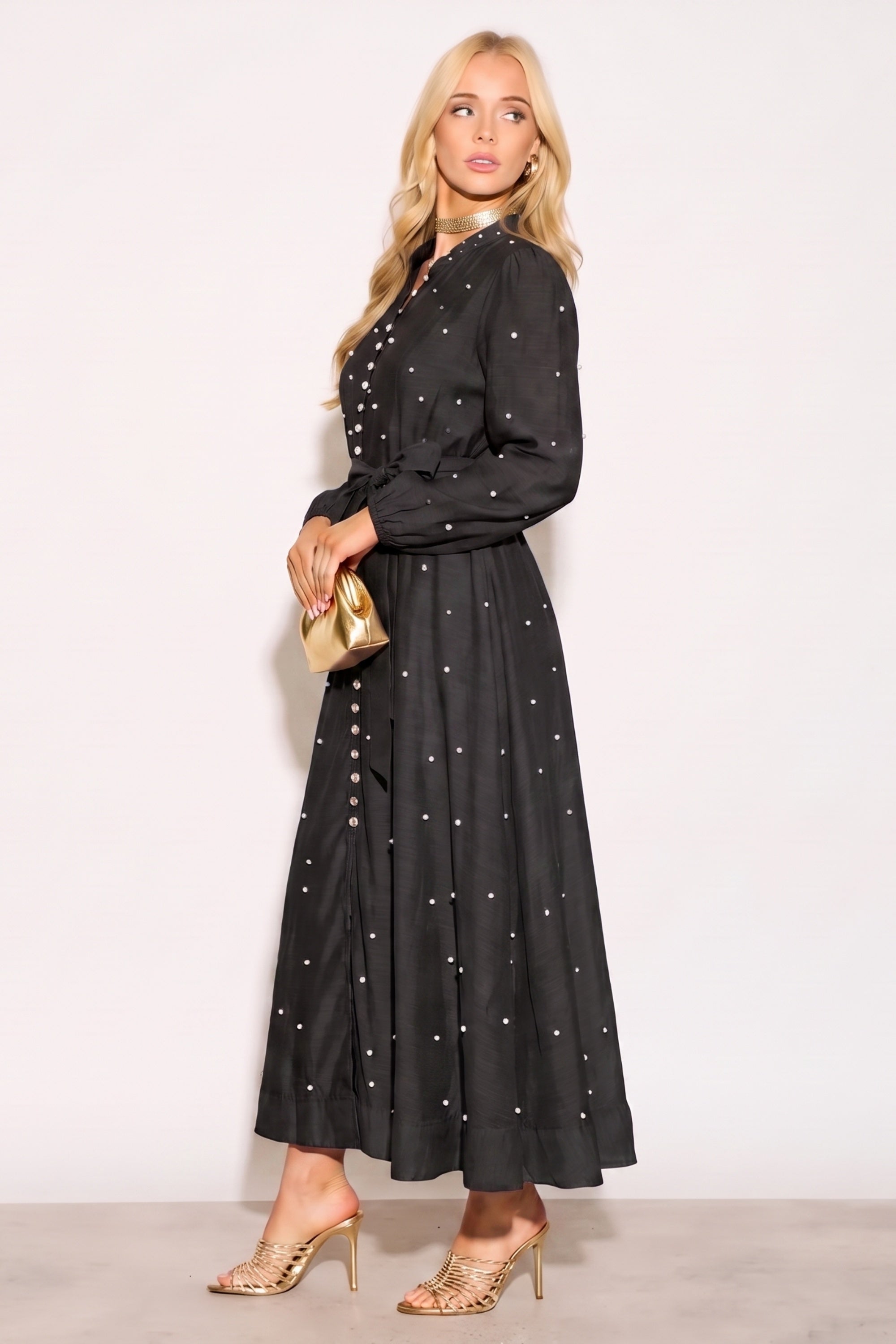 Embellished Button Front Maxi Shirt Dress with Tie Belt
