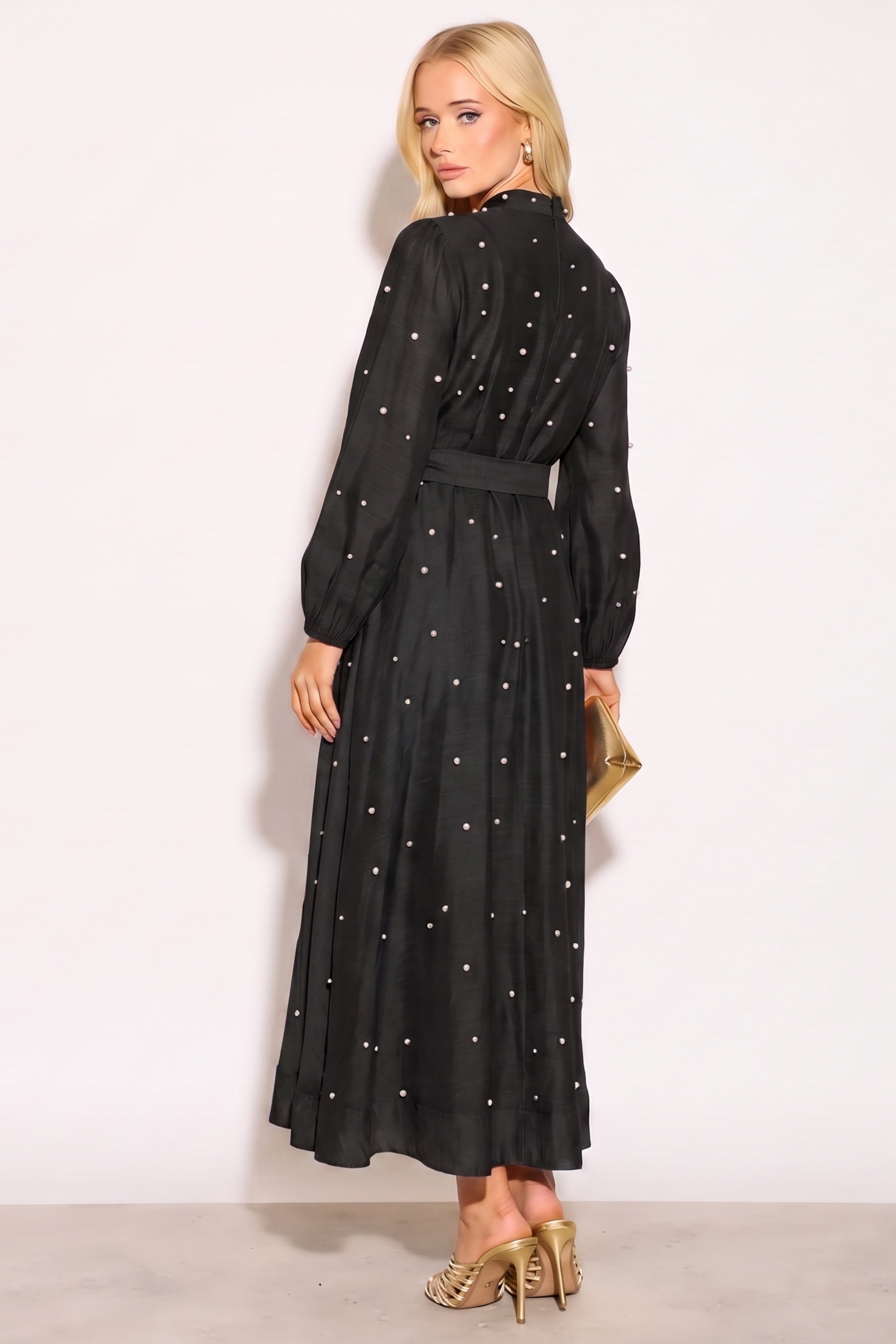 Embellished Button Front Maxi Shirt Dress with Tie Belt