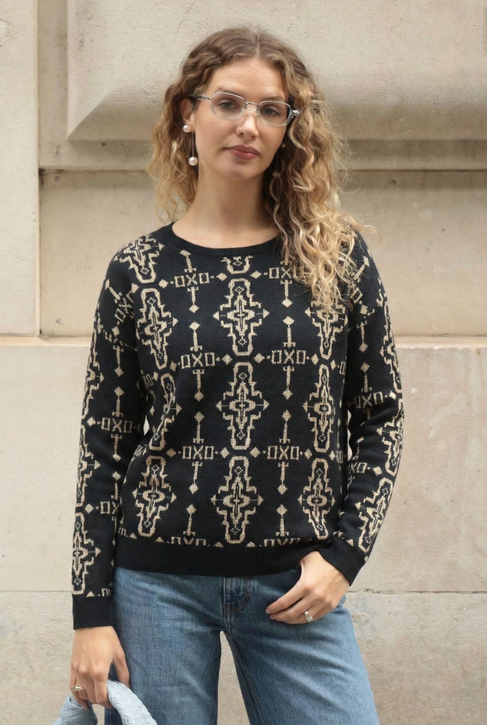 Metallic gold trims Fair-isle Print  Jumper