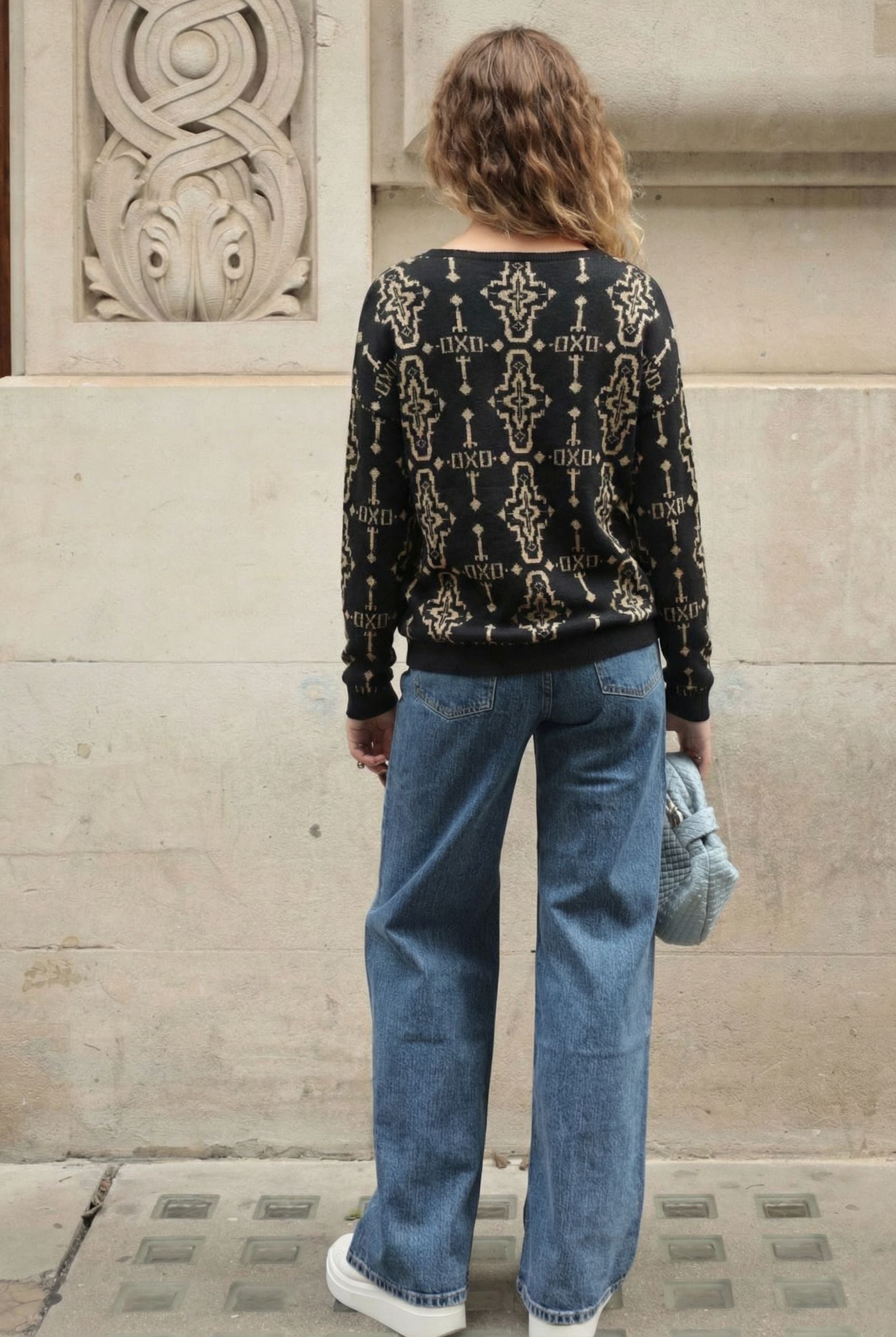 Metallic gold trims Fair-isle Print  Jumper