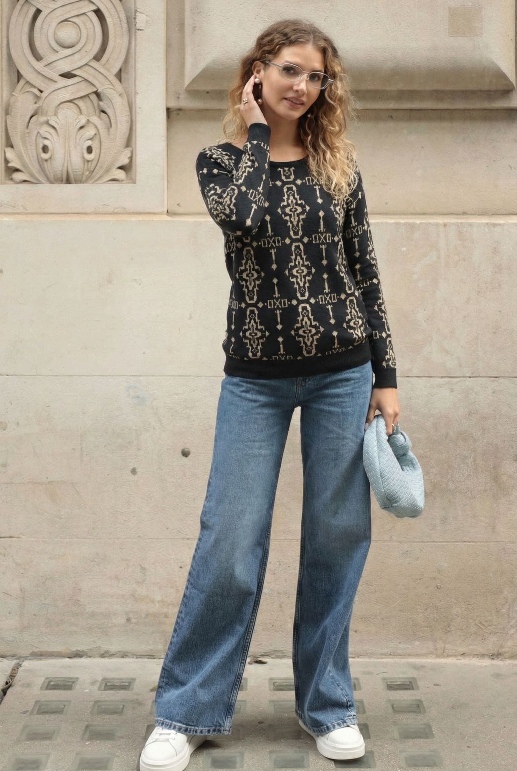 Metallic gold trims Fair-isle Print  Jumper