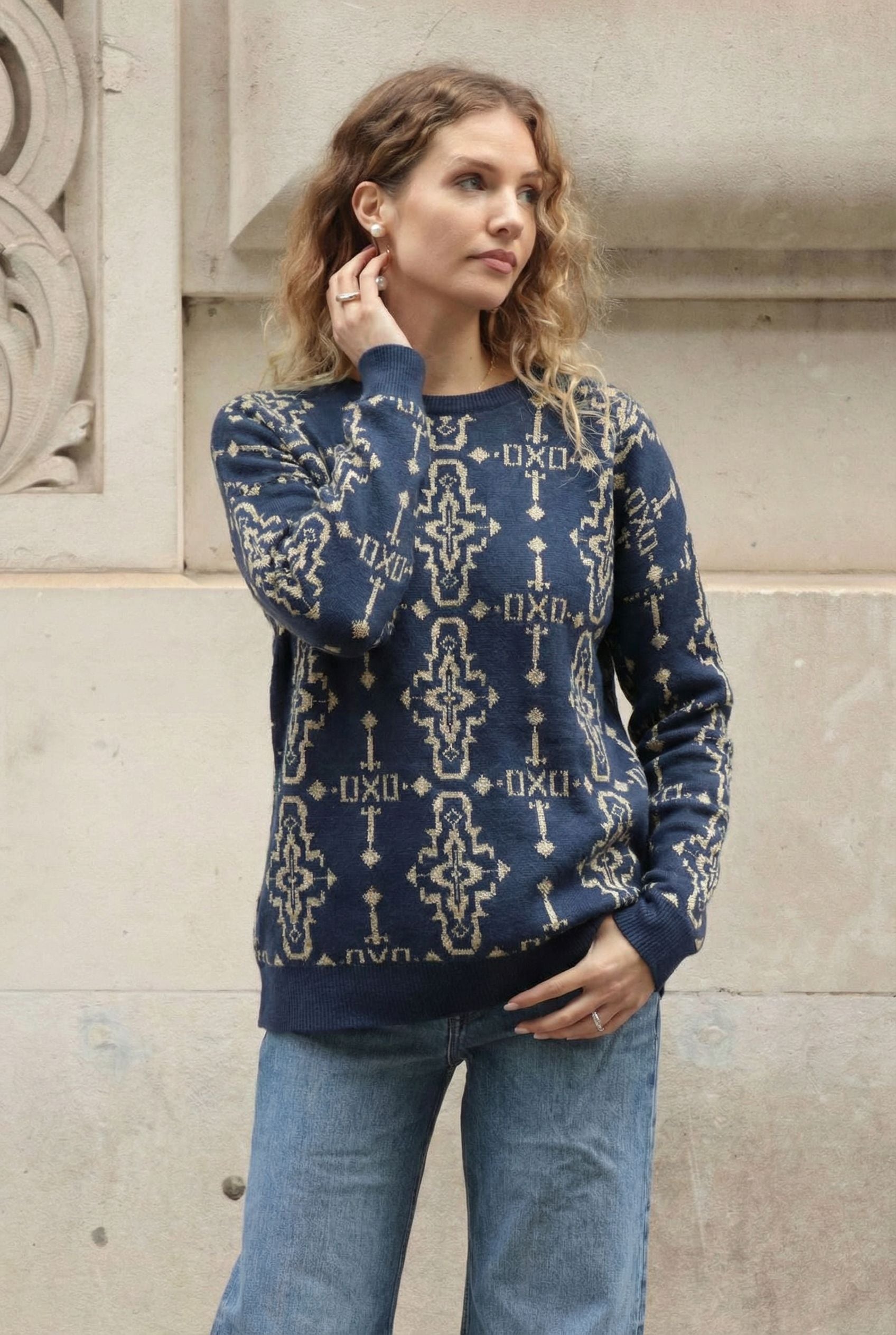 Metallic gold trims Fair-isle Print  Jumper