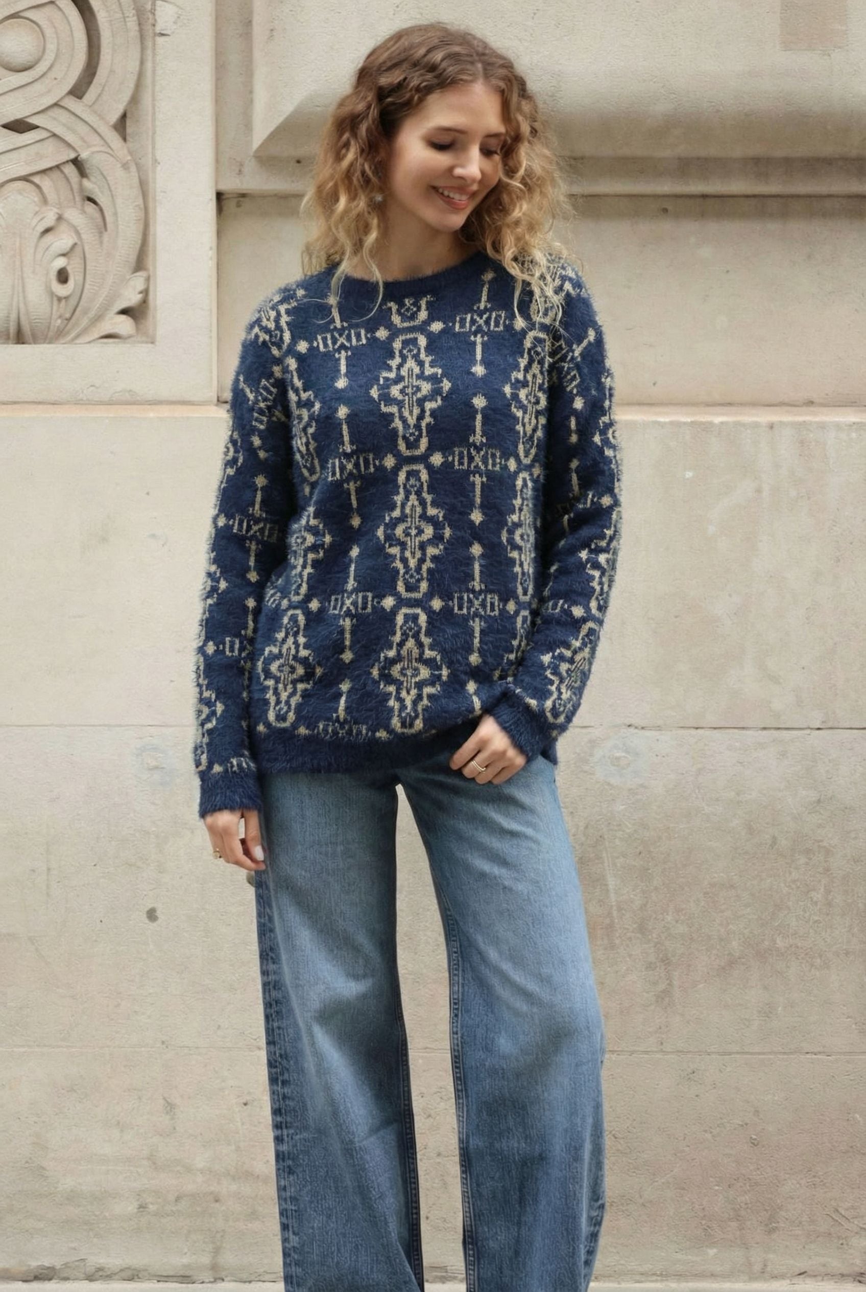 Metallic gold trims Fair-isle Print  Jumper