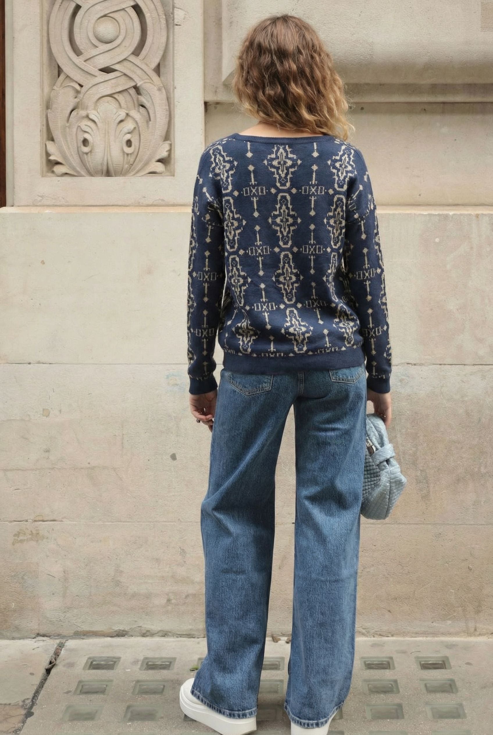 Metallic gold trims Fair-isle Print  Jumper