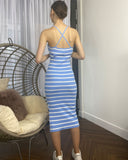Knitted Stripe Print With Straps Design Midi Bodycon Dress