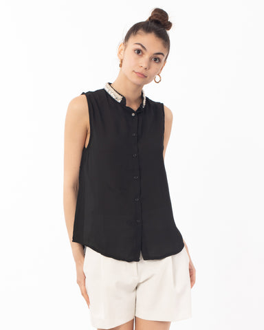 Pearl Embellished Neckline Sleeveless Top (Black)