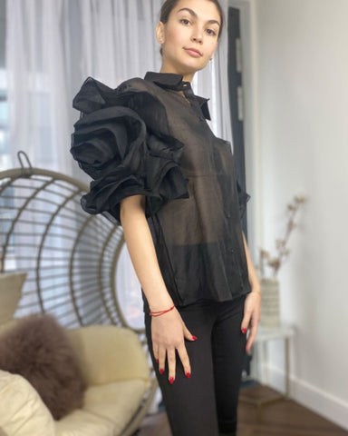 Double Layered Ruffles statements sleeves shirt top in Black