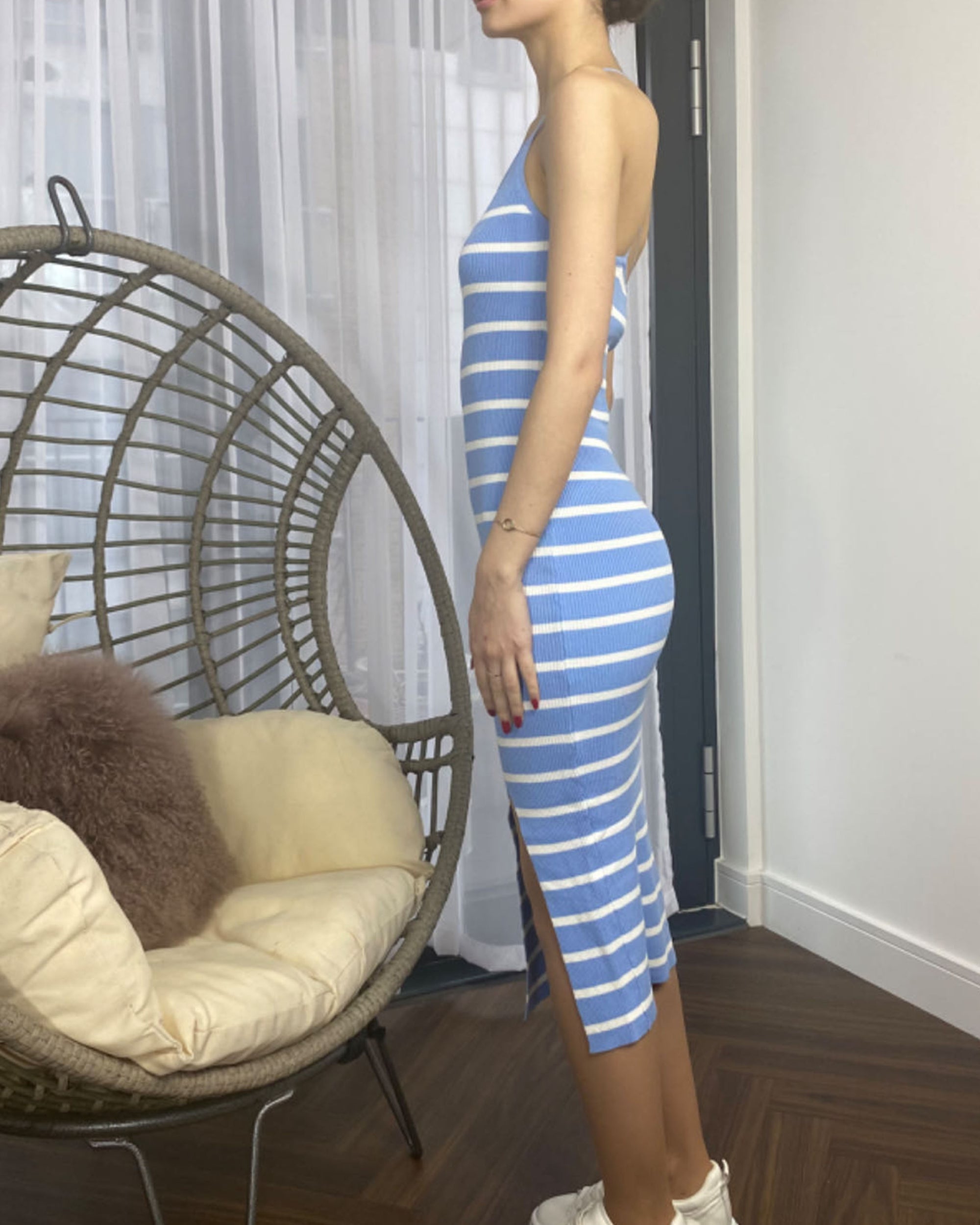 Knitted Stripe Print With Straps Design Midi Bodycon Dress