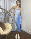 Knitted Stripe Print With Straps Design Midi Bodycon Dress