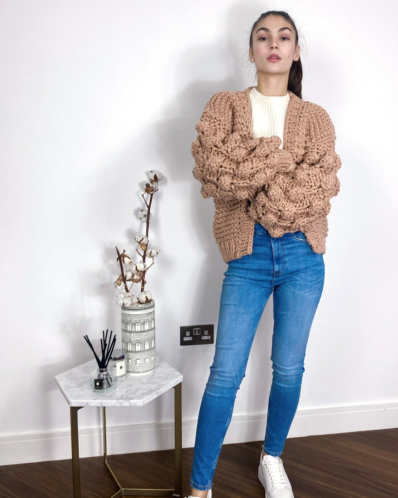 Hand knit cable design cardigan in Beige