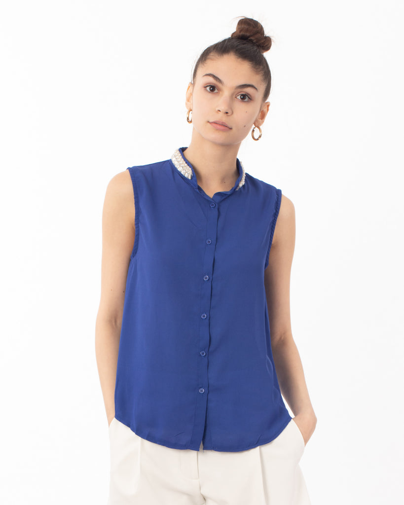 Pearl Embellished Neckline Sleeveless Top (Blue)