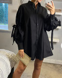 Oversized Ballon sleeves with tie up cotton blend shirt dress in black