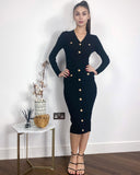 Long sleeves Buttons Design Midi bodycon dress in black