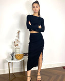 Long Sleeve Knit crop top with side lace up midi skirt co-ords in black