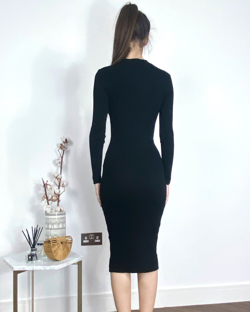 Long sleeves Buttons Design Midi bodycon dress in black