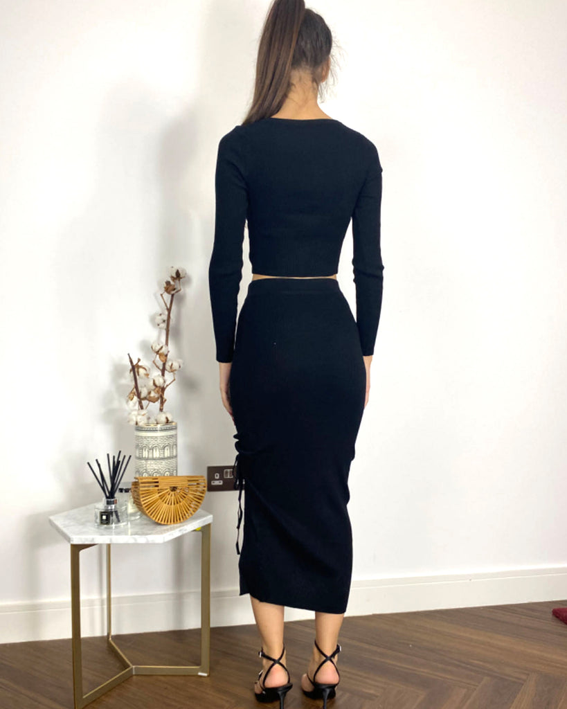Long Sleeve Knit crop top with side lace up midi skirt co-ords in black