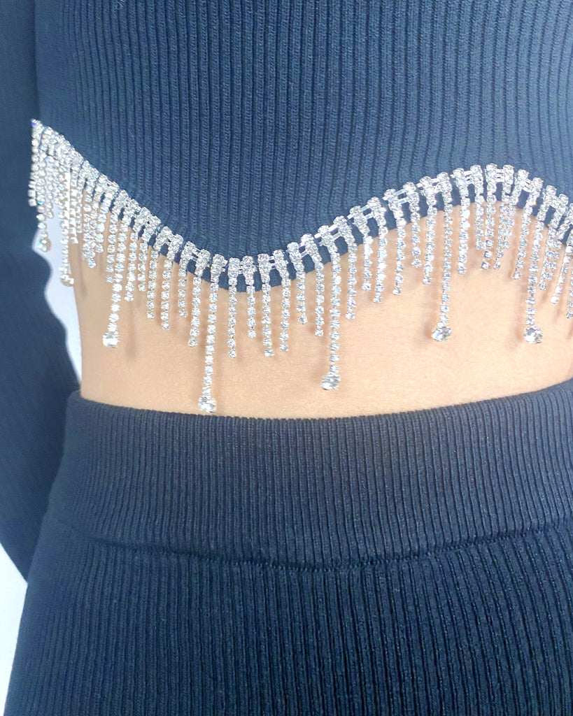 Scalloped shape knit top with diamonded chain embellish and midi skirt co-ords in black