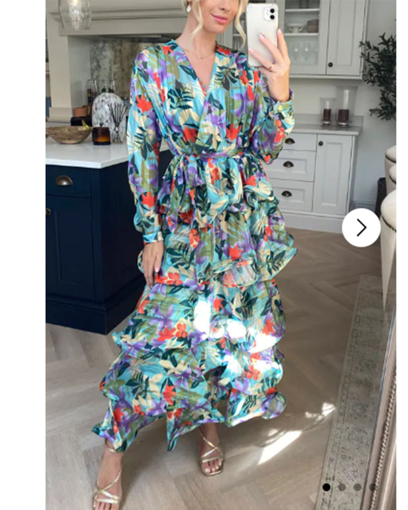 Floral Print Ruffl Multi Layer Hem design Maxi Dress in Blue