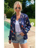 Floral and bird print Bomber Jacket (BLUE)