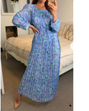 Blue floral print Pleated Long Sleeves Maxi Dress