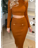 Long sleeves top with buttons design and midi skirt co-ords suits in brown