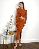 Long Sleeve Knit crop top with side lace up midi skirt co-ords in brown