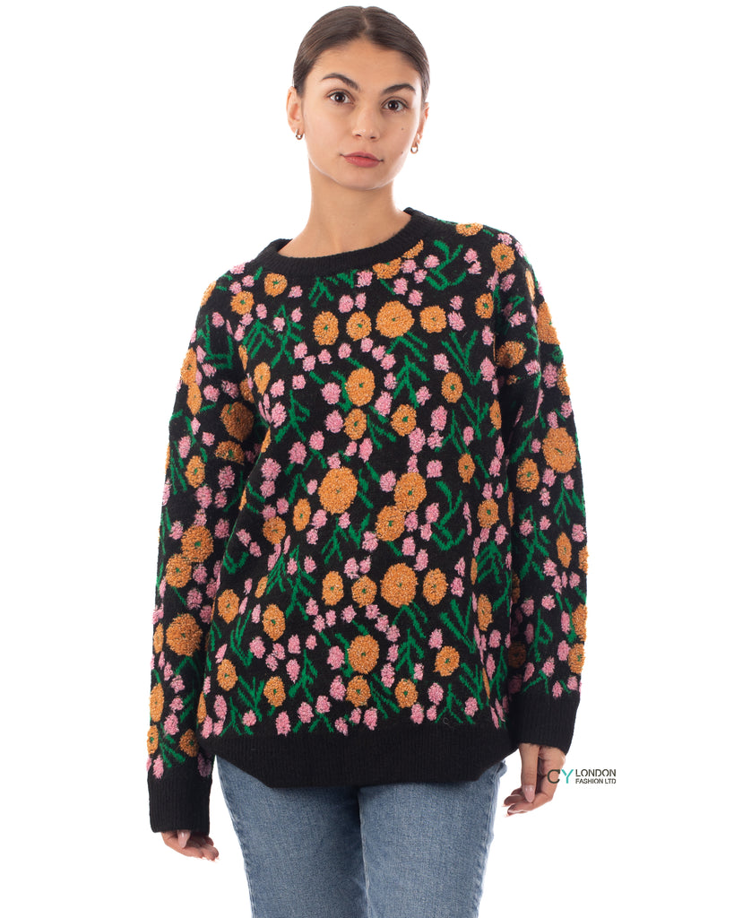 Orange Multi floral-jacquard wool blend oversized jumper