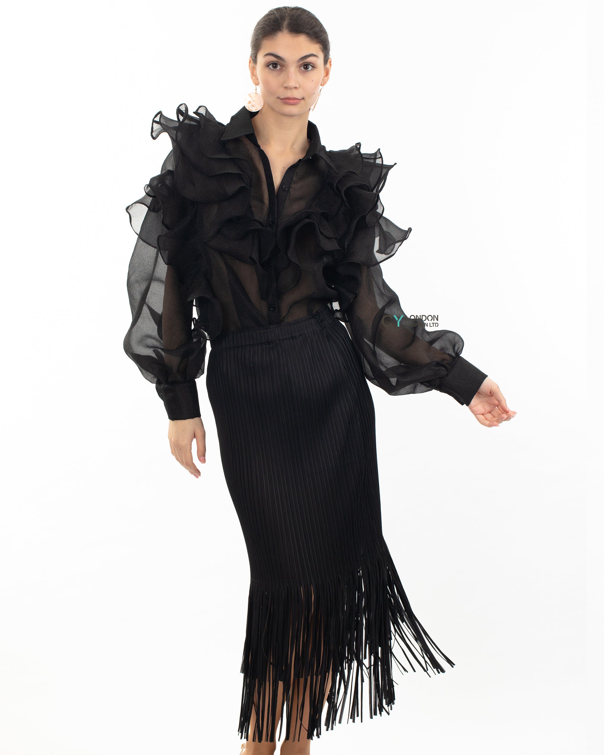 Multi Layer ruffles design sheer organza  shirt in black