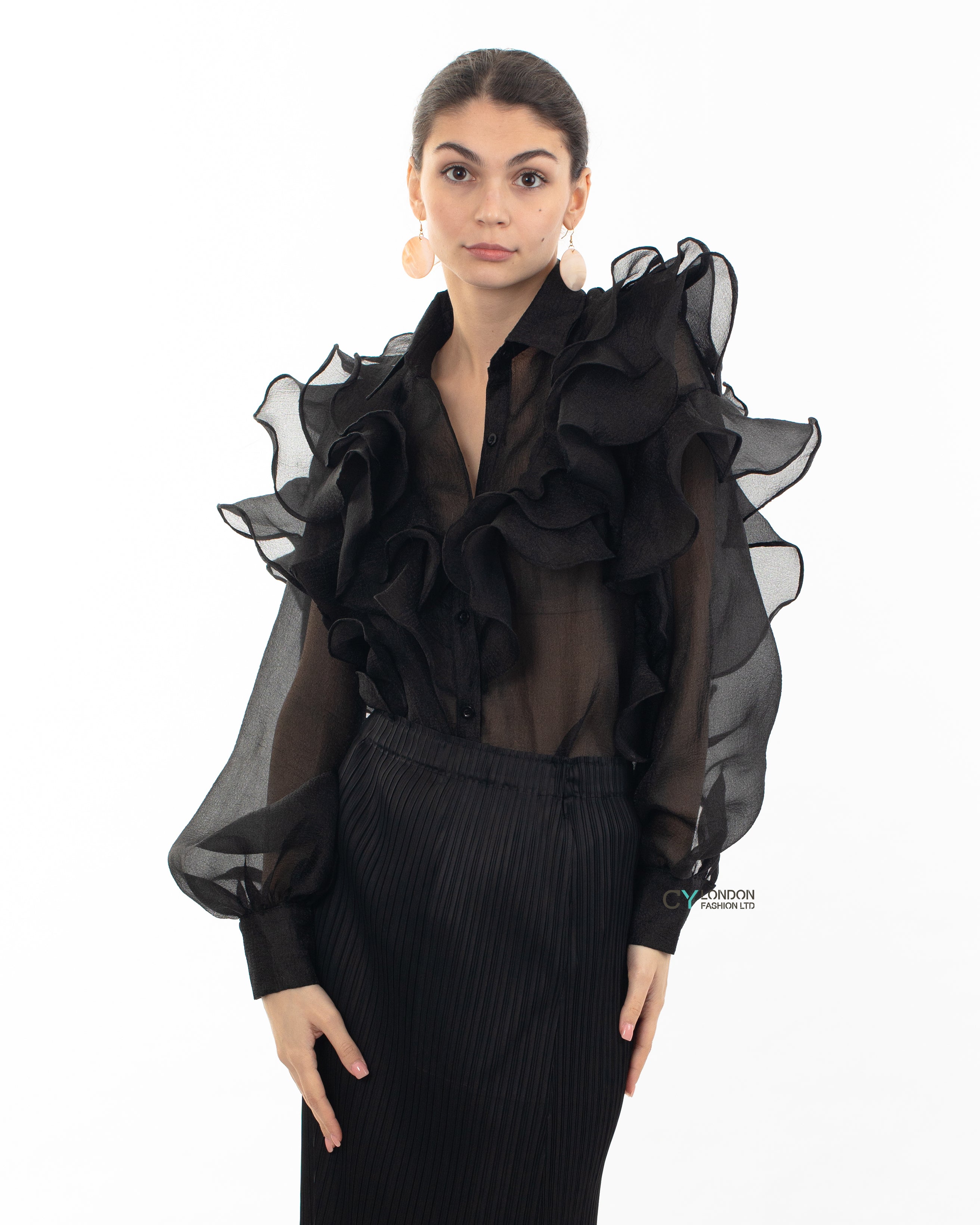 Multi Layer ruffles design sheer organza shirt in black