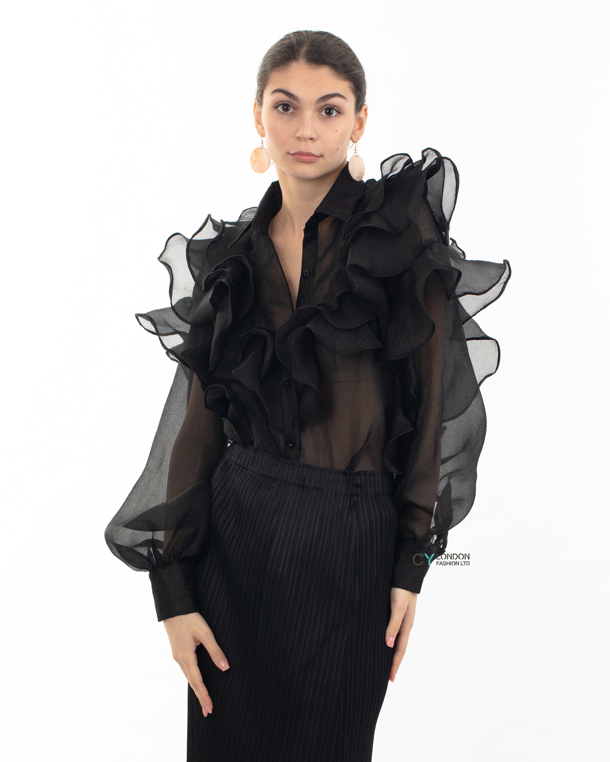 Multi Layer ruffles design sheer organza  shirt in black