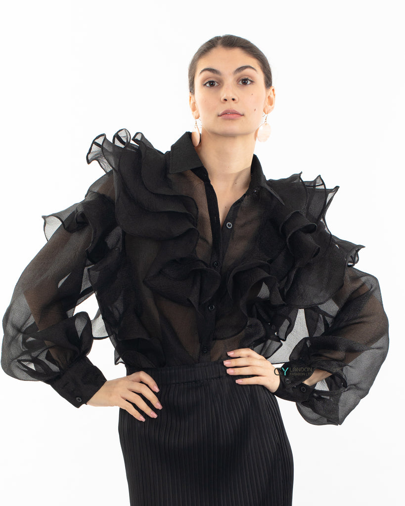 Multi Layer ruffles design sheer organza  shirt in black