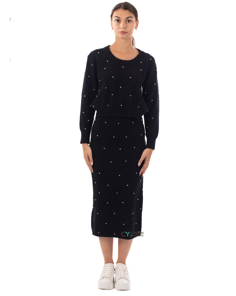 Fine knit pencil skirt with Faux Pearls embellished design co-ords in black